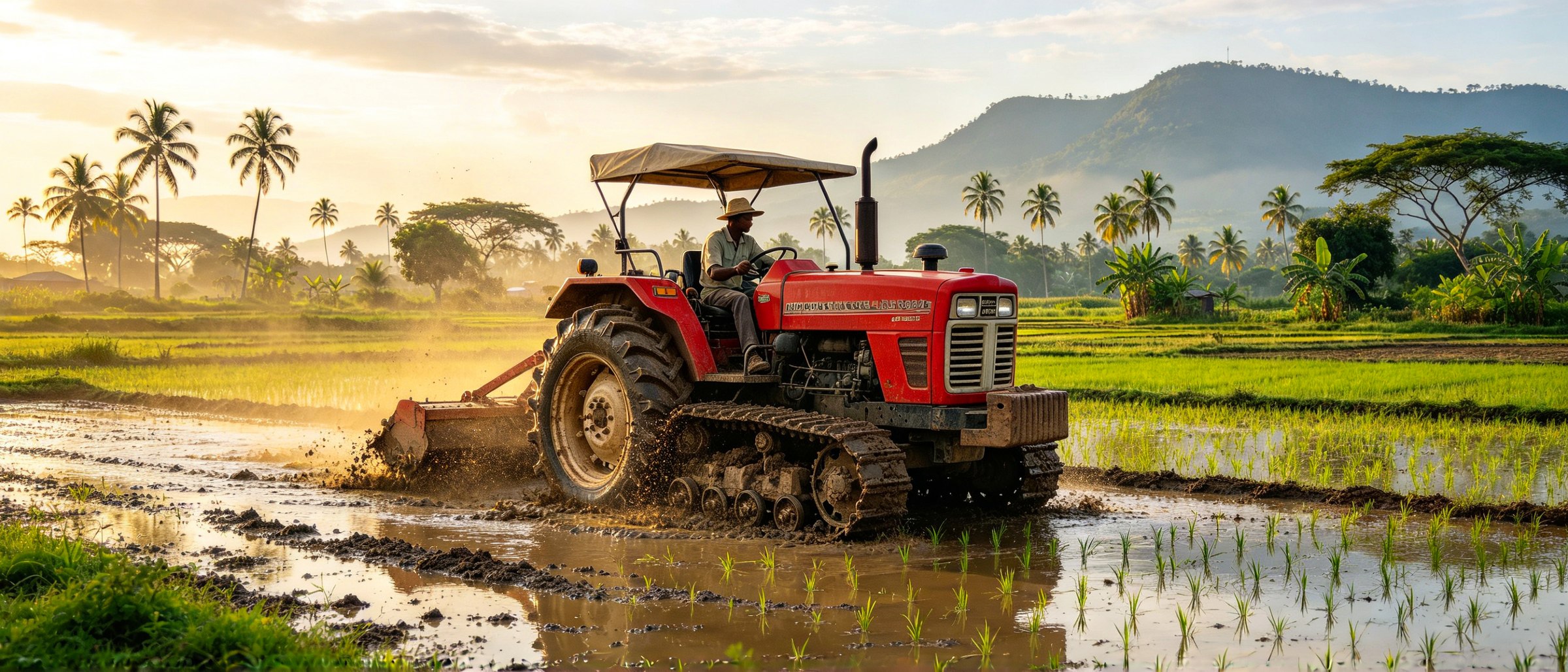 Ainong crawler tractor in a tropical paddy field